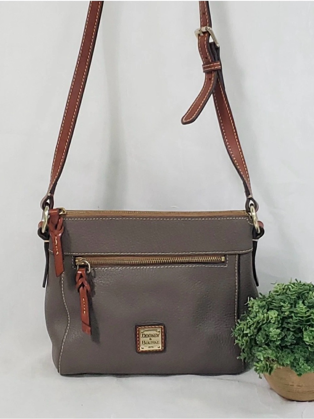 Dooney & Bourke Florentine Bag Taupe Pebble Leather Crossbody with Tan Trim